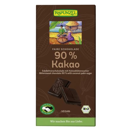 Bio Keserűcsokoládé 90%-os kókuszvirágcukorral 80 g Rapunzel 